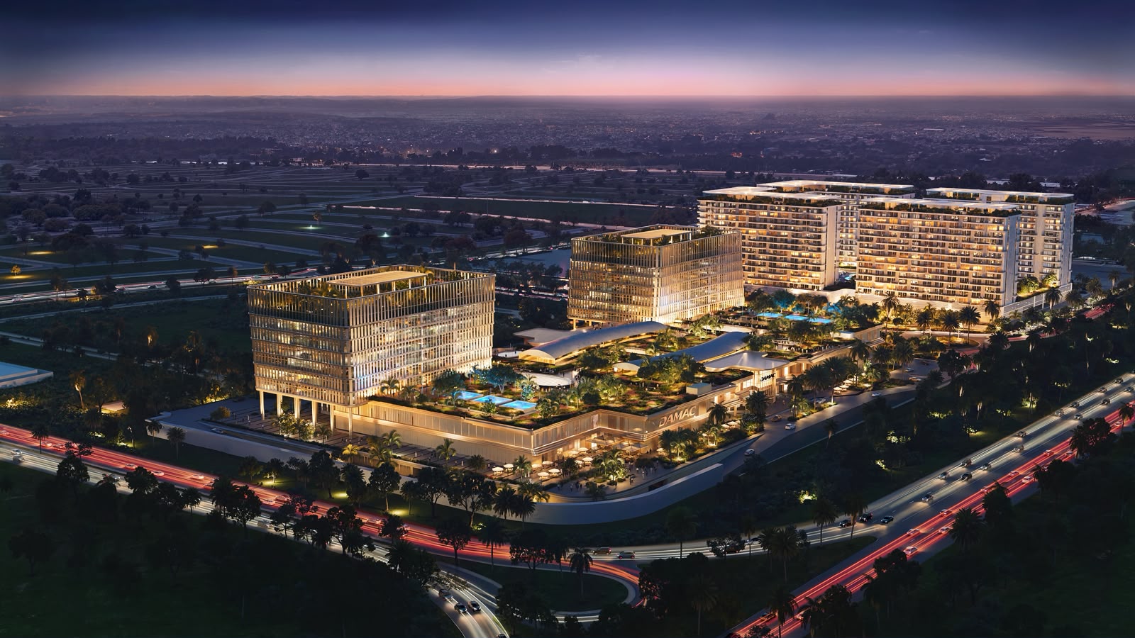 Evening aerial rendering of DAMAC Lagoons District