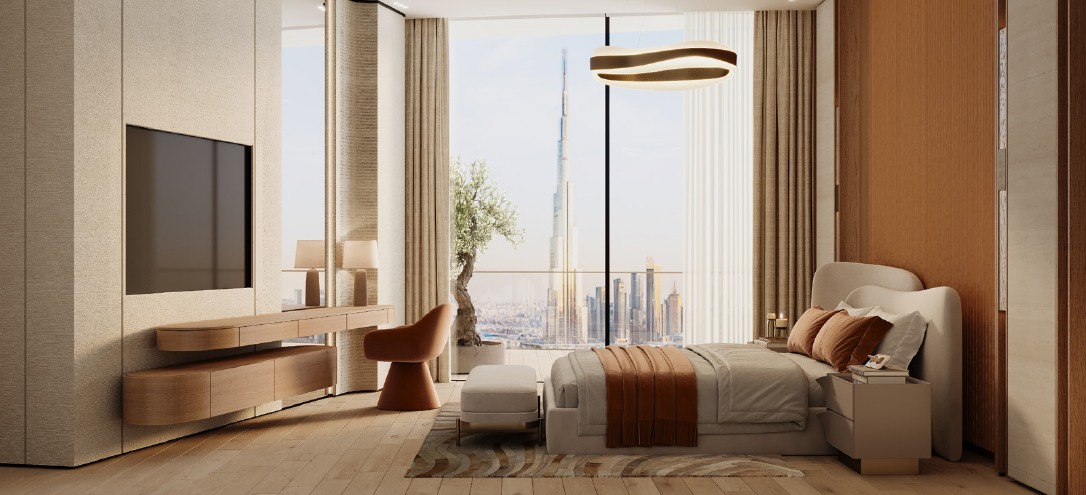 Binghatti Skyflame bedroom interior with skyline view