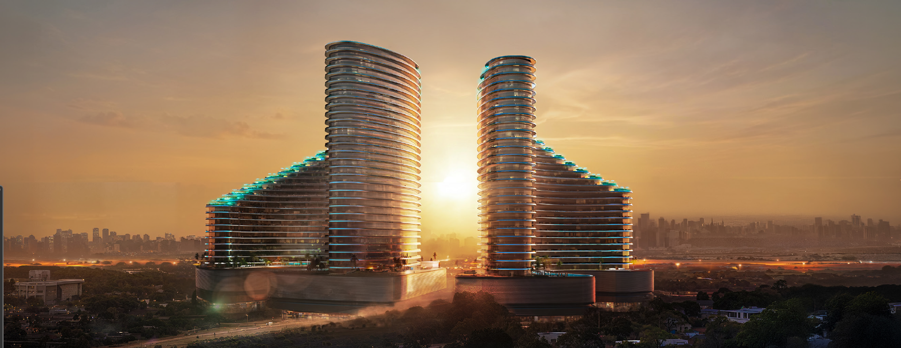Binghatti Skyflame towers at sunset