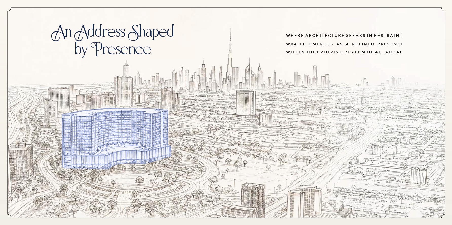 Binghatti Wraith architectural sketch and Dubai skyline