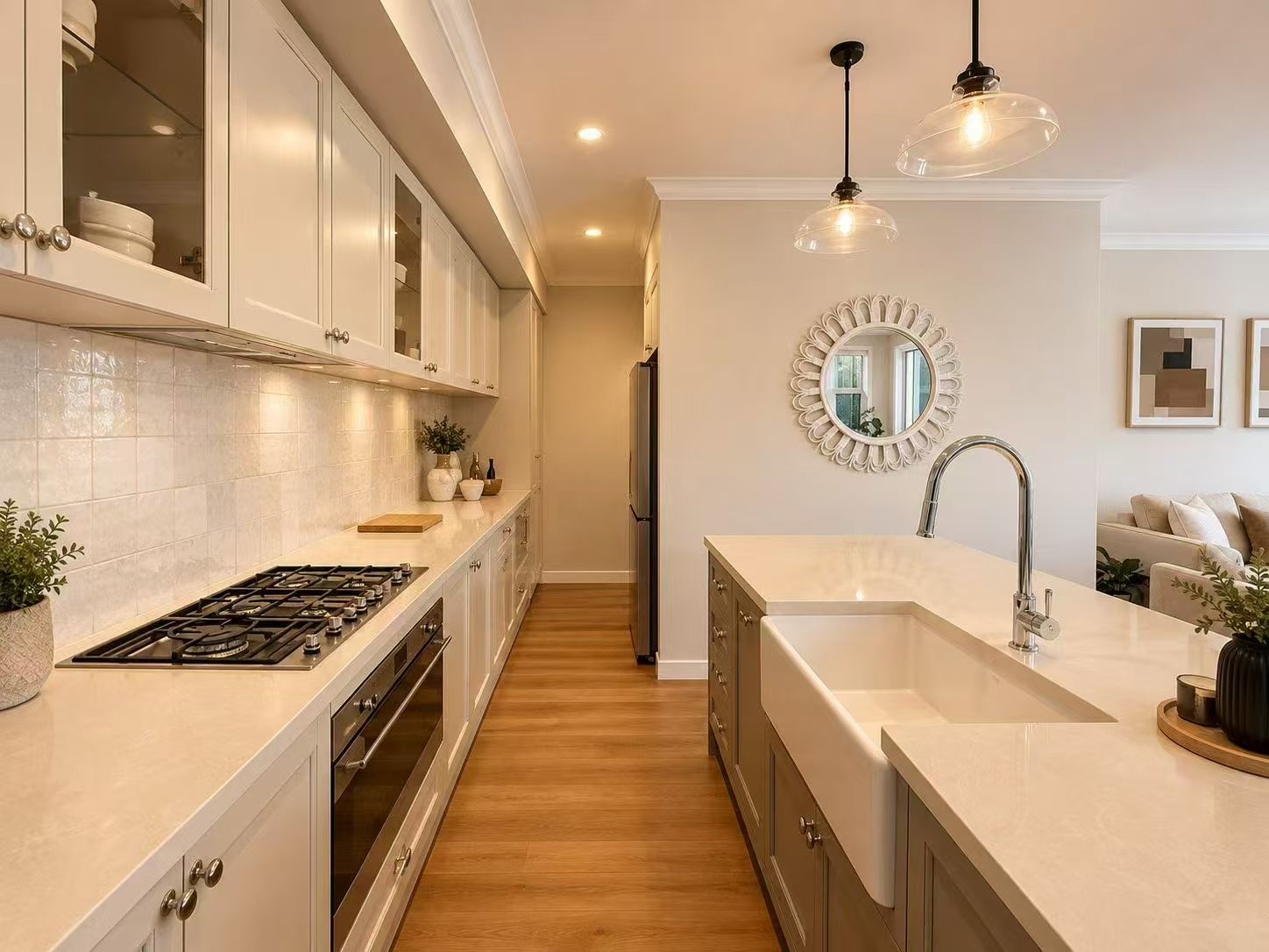 Detailed kitchen with island bench and integrated cooking zone
